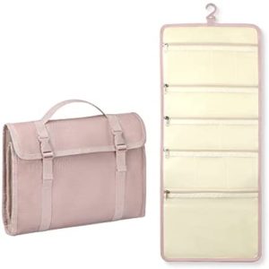 Rempry Hanging Travel Toiletry Organizer Bag for Women, Waterproof Portable Makeup Bag Multi-Compartment for Travel Accessories, Bathroom Shower, Crocodile Pink