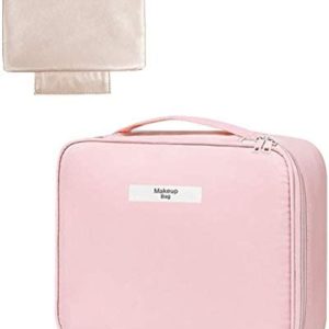 Makeup Bag Cosmetic Bag for Women Travel Makeup Toiletry Bag Reusable Makeup brush Bags With Velcro Dividers Makeup Bag (Pink)
