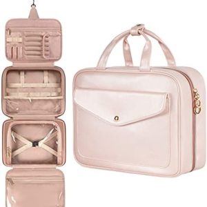 Toiletry Bag, Hanging Travel Makeup Bag for Women, Large Waterproof Cosmetic Bags Travel Organizer Full Sized Container with Elastic Band Holders for Toiletries, Cosmetics, Brushes, Bottle, Pink