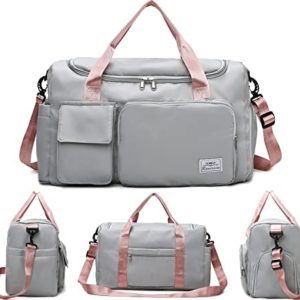 Upgrade Lightweight Waterproof Travel Duffel Bag, Sports Tote Gym Bag, Shoulder Weekender Overnight Bag with Wet Pocket & Shoes Compartment for Women (E-Grey)