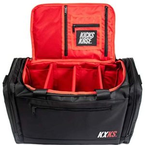 Kicks Kase Premium Sneaker Bag & Travel Duffel Bag - 3 adjustable compartment dividers - For shoes, clothing and gym (Black/Red - KXKS Logo)
