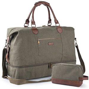 Canvas Travel Tote Luggage Men's Weekender Duffle Bag with Shoe compartment and Toiletry Bag (Army Green)