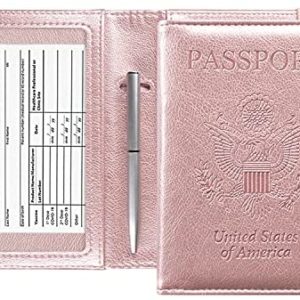 ACdream Passport and Vaccine Card Holder Combo, Cover Case with CDC Vaccination Card Slot, Leather Travel Documents Organizer Protector, with RFID Blocking, for Women and Men, Rose Gold